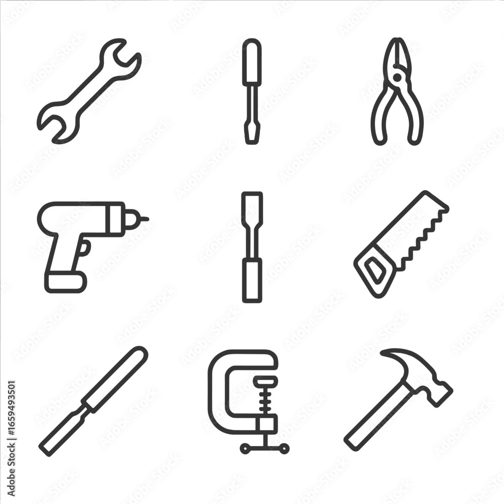 Iron Tool Icons. Outline icon set of iron tools and hardware: iron wrench, iron screwdriver, iron pliers, iron drill, iron chisel, Iron Tool Icons. Outline icon set of iron tools and hardware: iron wrench, iron screwdriver, iron pliers, iron drill, iron chisel,