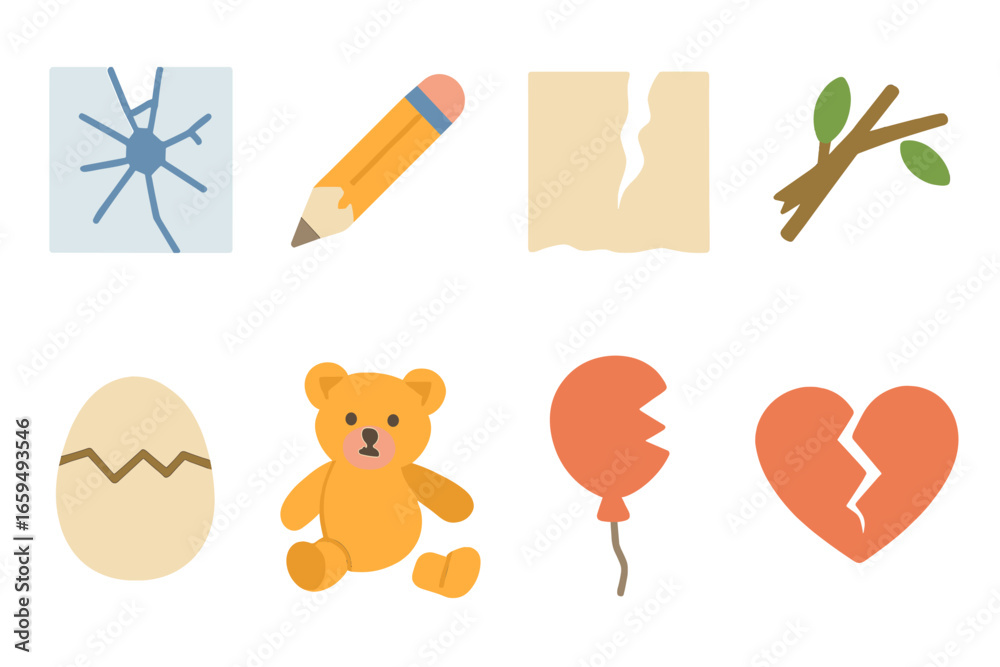 Fototapeta premium Colorful Broken Objects Grid. Flat vector mini-illustrations break in colors children's illustrations: cracked glass, broken