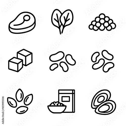 Iron-Rich Foods Icons. Outline icon set of iron deficiency dietary sources: red meat, spinach, lentils, tofu, beans, pumpkin seeds