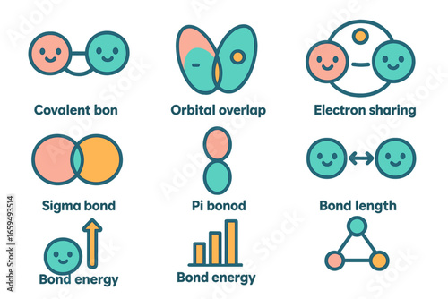 Colorful Bonding Icons. Flat vector mini-illustrations valence bond theory in colors children's illustrations: covalent bond,