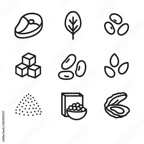 Iron-Rich Foods Icons. Outline icon set of iron deficiency dietary sources: red meat, spinach, lentils, tofu, beans, pumpkin seeds