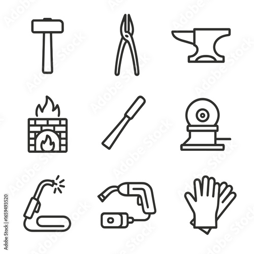 Ironworking Tool Icons. Outline icon set of ironworking tools: hammer, tongs, anvil, forge, chisel, grinding wheel, welding torch,