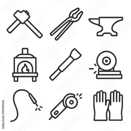 Ironworking Tool Icons. Outline icon set of ironworking tools: hammer, tongs, anvil, forge, chisel, grinding wheel, welding torch,