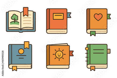 Colorful Book Icons. Flat vector mini-illustrations bookmarks and books in colors children's illustrations: open storybook, closed