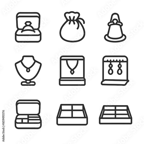 Jewelry Storage Icons. Outline icon set of jewelry storage: jewelry box, velvet pouch, ring holder, necklace stand, display case,