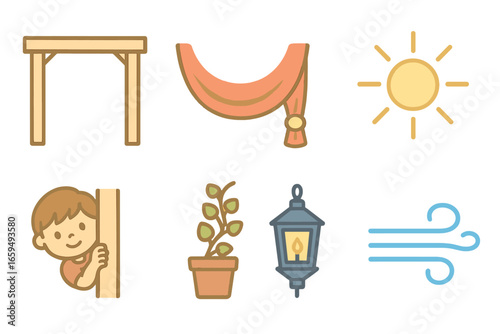 Children's Pergola Illustrations. Flat vector mini-illustrations pergola drapes and covers in colors children's illustrations: