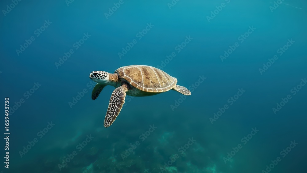 Obraz premium A serene sea turtle gracefully glides through the deep blue ocean depths.