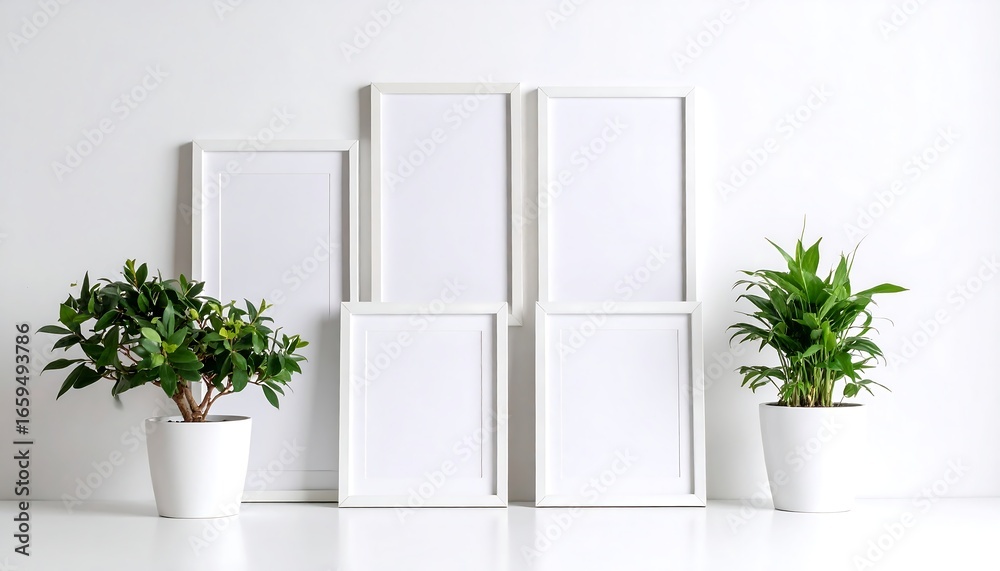 Fototapeta premium White frames and potted plants against a white wall