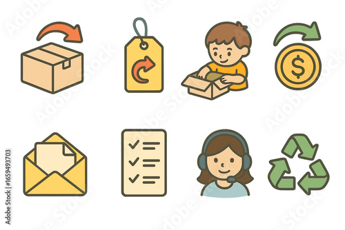 Children's Return Process Icons. Flat vector mini-illustrations return and exchange handling in colors children's illustrations: