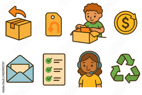 Children's Return Process Icons. Flat vector mini-illustrations return and exchange handling in colors children's illustrations: