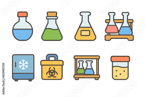 Kids' Lab Icons. Flat vector mini-illustrations flask storage in colors children's illustrations: reagent bottle, sealed flask,
