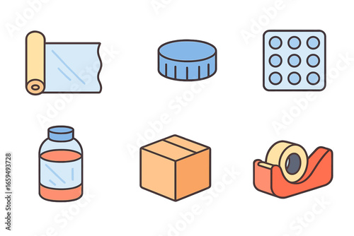 Kids' Packaging Icons. Flat vector mini-illustrations polymer packaging in colors children's illustrations: plastic wrap, bottle