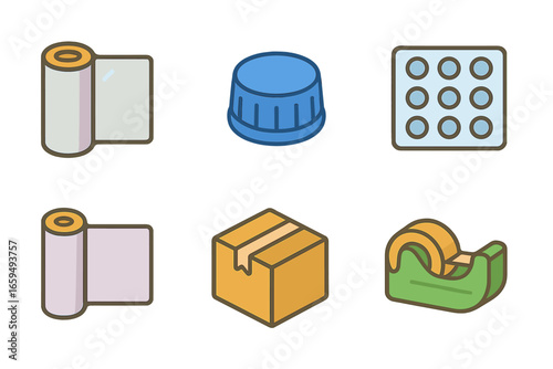 Kids' Packaging Icons. Flat vector mini-illustrations polymer packaging in colors children's illustrations: plastic wrap, bottle