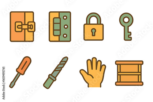 Children's Security Tools. Flat vector mini-illustrations cabinet door lock change in colors children's illustrations: cabinet