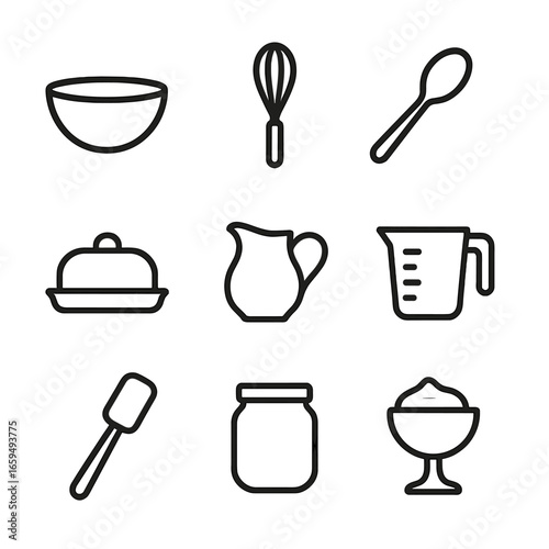 Kitchenware Icon Set. Outline icon set of creamy utensils and containers: mixing bowl, whisk, spoon, butter dish, cream pitcher,