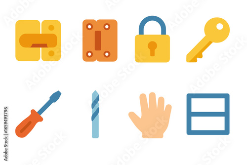 Children's Security Tools. Flat vector mini-illustrations cabinet door lock change in colors children's illustrations: cabinet