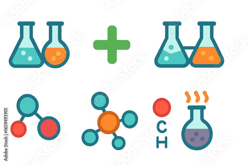Colorful Chemical Equations. Flat vector mini-illustrations chemical equations in colors children's illustrations: reactants and