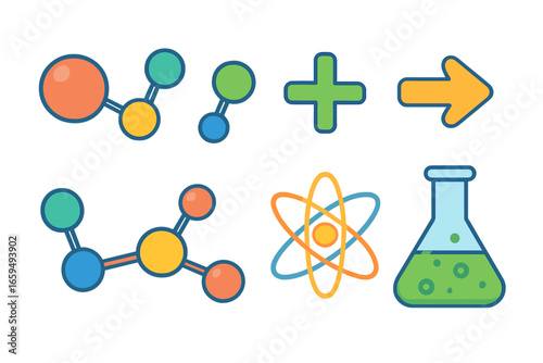 Colorful Chemical Equations. Flat vector mini-illustrations chemical equations in colors children's illustrations: reactants and