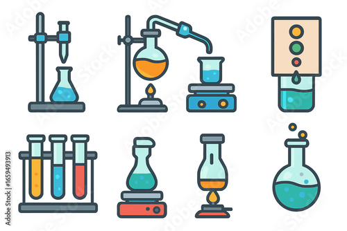 Colorful Chemistry Icons. Flat vector mini-illustrations chemistry experiments in colors children's illustrations: titration setup