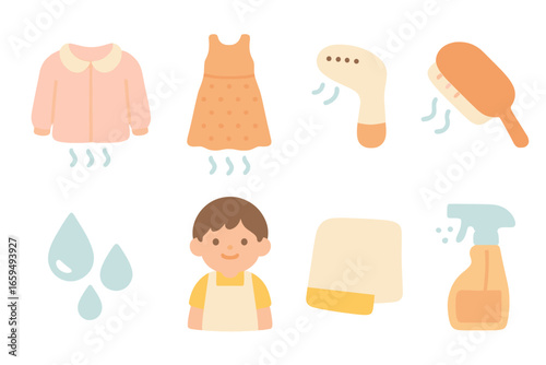 Children's Steaming Essentials. Flat vector mini-illustrations delicate fabric steaming in colors children's illustrations: silk