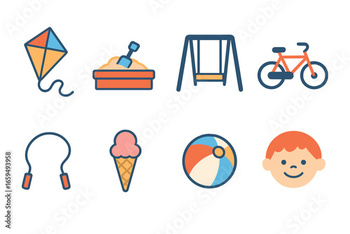 Colorful Childhood Adventures. Flat vector mini-illustrations adventure tales in colors children's illustrations: pirate ship,