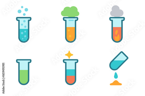Colorful Chemistry Reactions. Flat vector mini-illustrations test tube reactions in colors children's illustrations: fizzing