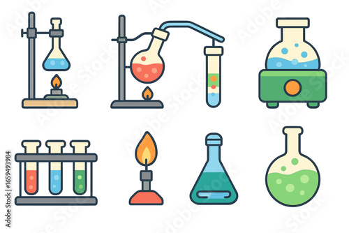 Colorful Chemistry Icons. Flat vector mini-illustrations chemistry experiments in colors children's illustrations: titration setup