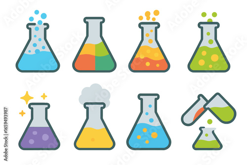 Colorful Chemistry Icons. Flat vector mini-illustrations flask chemical reactions in colors children's illustrations: fizzing