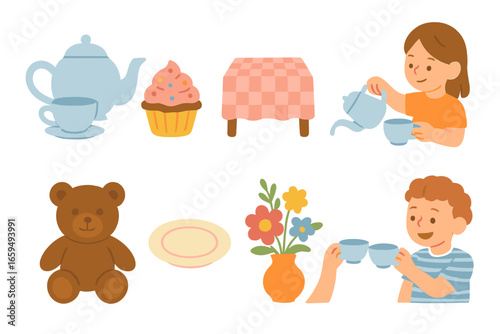 Children's Tea Party Icons. Flat vector mini-illustrations tea party playdates in colors children's illustrations: tea set,