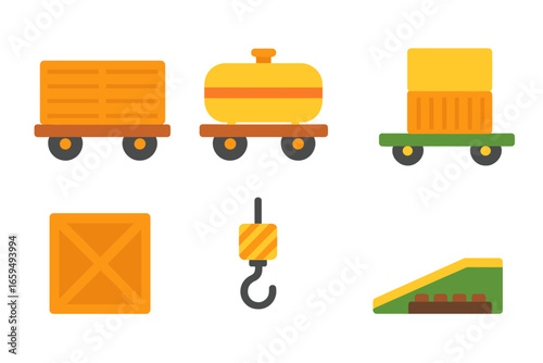 Children's Train Icons. Flat vector mini-illustrations Freight train cars in colors children's illustrations: boxcar, tanker wagon