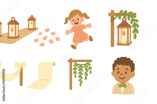 Children's Wedding Celebration. Flat vector mini-illustrations ceremony aisle decorations in colors children's illustrations: