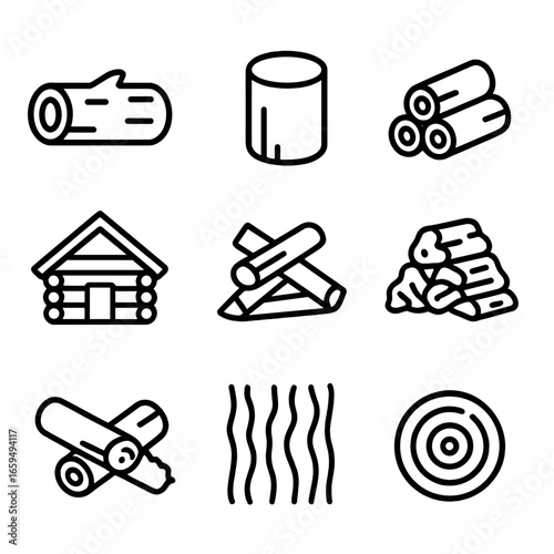Outline Log Icons. Outline icon set of log: tree log, cut log, stacked logs, log cabin, firewood, log pile, chainsaw cut, bark