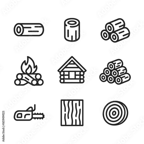 Outline Log Icons. Outline icon set of log: tree log, cut log, stacked logs, log cabin, firewood, log pile, chainsaw cut, bark