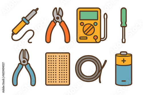 Colorful Circuit Tools. Flat vector mini-illustrations circuit tools in colors children's illustrations: soldering iron, wire