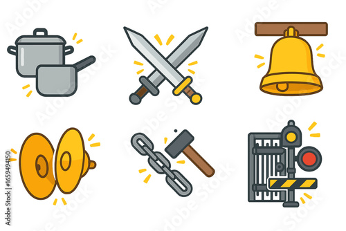 Colorful Clang Sounds. Flat vector mini-illustrations clang sounds in colors children's illustrations: clanging metal pots, swords