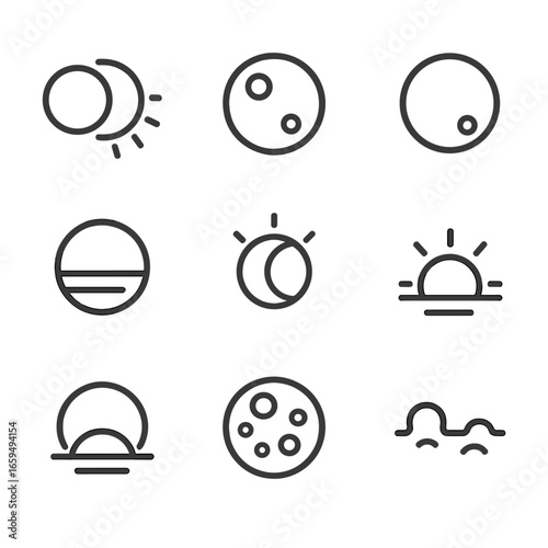 Lunar Phenomena Icons. Outline icon set of lunar phenomena: lunar eclipse, supermoon, blue moon, blood moon, moon halo, moonrise,