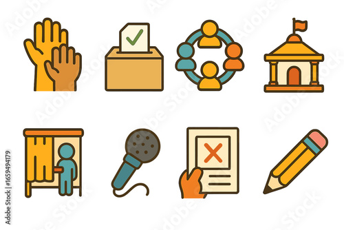 Civic Engagement Icons. Flat vector mini-illustrations Citizen participation in colors children's illustrations: raised hands,