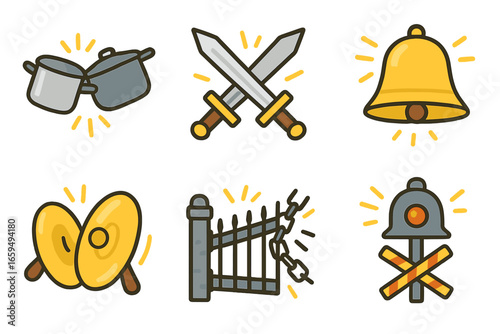 Colorful Clang Sounds. Flat vector mini-illustrations clang sounds in colors children's illustrations: clanging metal pots, swords