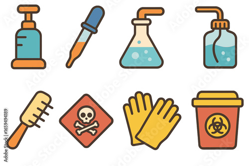 Colorful Cleanup Tools. Flat vector mini-illustrations precipitate cleanup in colors children's illustrations: vacuum pump,