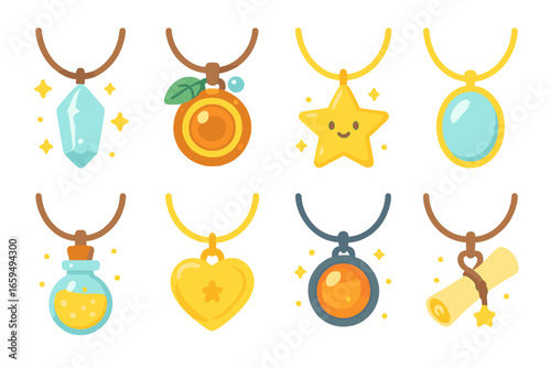 Magical Necklace Icons. Flat vector mini-illustrations magical necklaces in colors children's illustrations: glowing crystal
