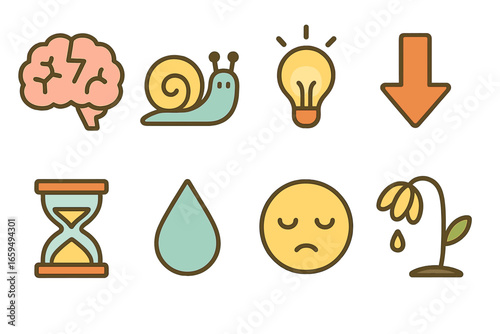Cognitive Icons for Kids. Flat vector mini-illustrations Cognitive decline in colors children's illustrations: cracked brain,