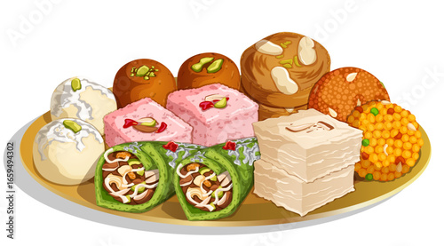 Traditional Sweets Variety on Plate - Kaju Gulkand Paan, Barfi, Mootichoor, Boondi Ladoos, Sohan Halwa, Rose Kalakand, Gulab Jamun and Rasgulla. Indian Celebratory Mithai Detailed Illustration