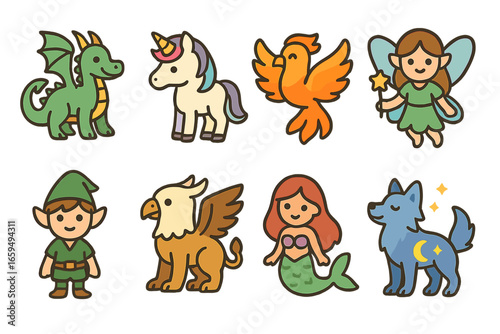 Magical Creatures Grid. Flat vector mini-illustrations immortal creatures in colors children's illustrations: dragon, unicorn,