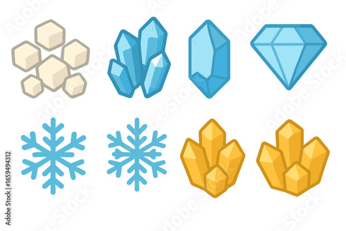 Colorful Crystal Icons. Flat vector mini-illustrations solid crystals in colors children's illustrations: salt crystals, sugar