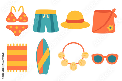 Colorful Beachwear Icons. Flat vector mini-illustrations beachwear style in colors children's illustrations: bikini, boardshorts,