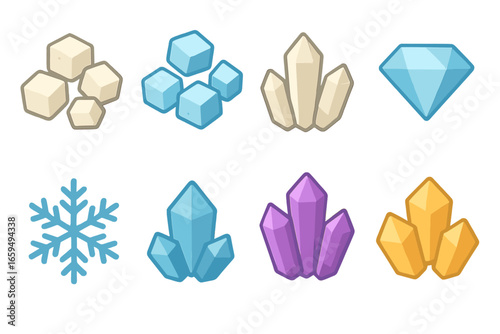 Colorful Crystal Icons. Flat vector mini-illustrations solid crystals in colors children's illustrations: salt crystals, sugar
