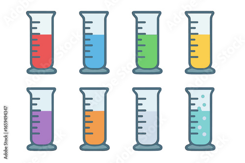 Colorful Cylinders Grid. Flat vector mini-illustrations graduated cylinder liquids in colors children's illustrations: red liquid,