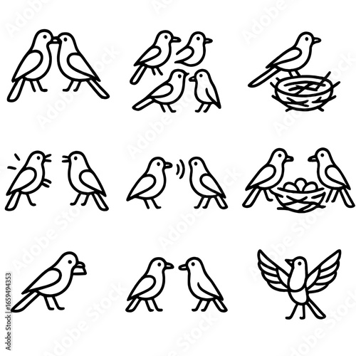 Magpie Social Icons. Outline icon set of magpie social behavior: pair bonding, flocking, nest building, territory defense,