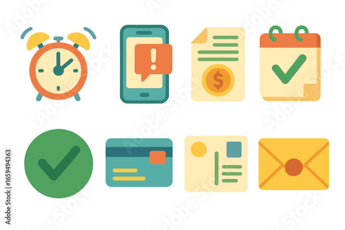 Colorful Bill Icons. Flat vector mini-illustrations Bill payment reminders in colors children's illustrations: alarm clock,