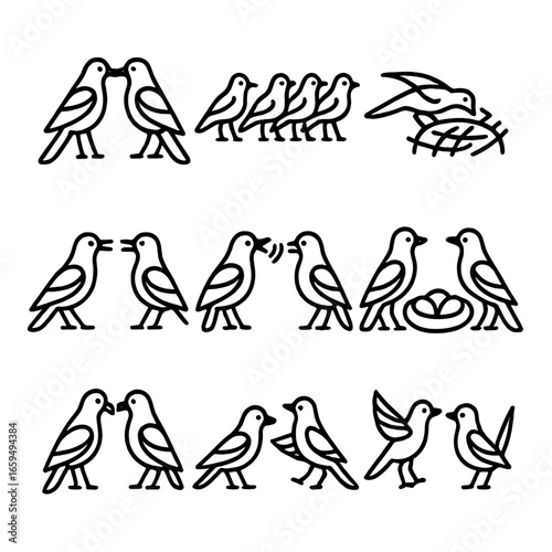 Magpie Social Icons. Outline icon set of magpie social behavior: pair bonding, flocking, nest building, territory defense,